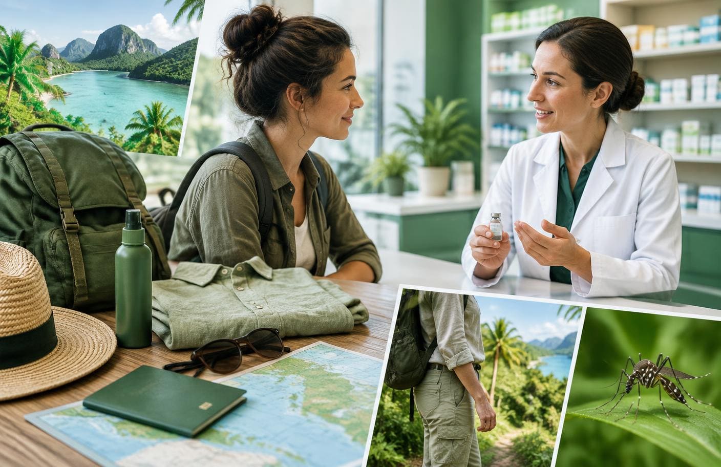 Tropical traveller discussing chikungunya vaccination and mosquito precautions