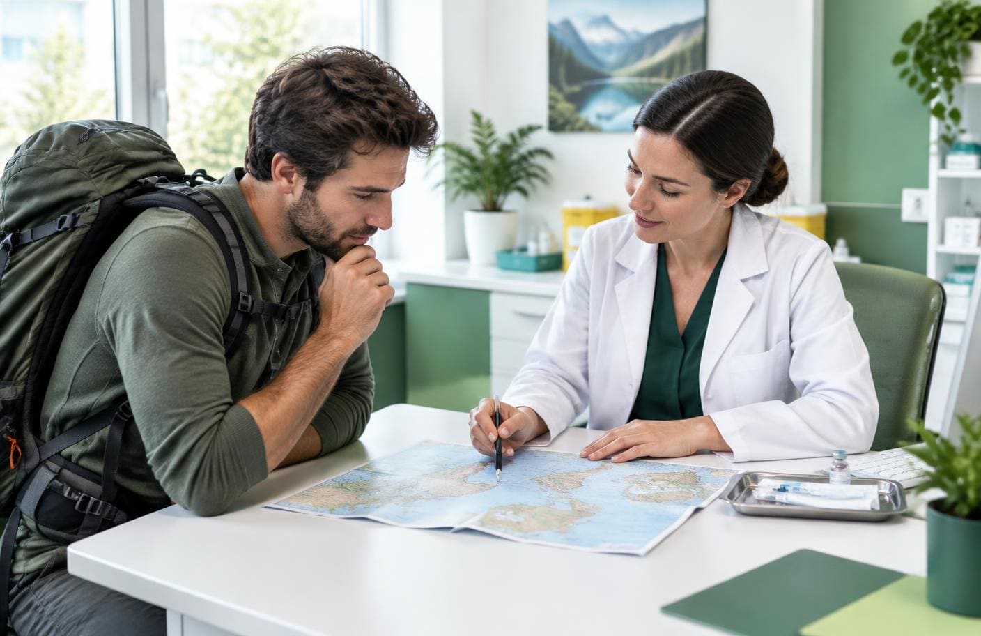Adventure traveller reviewing a route before diphtheria, tetanus and polio vaccination