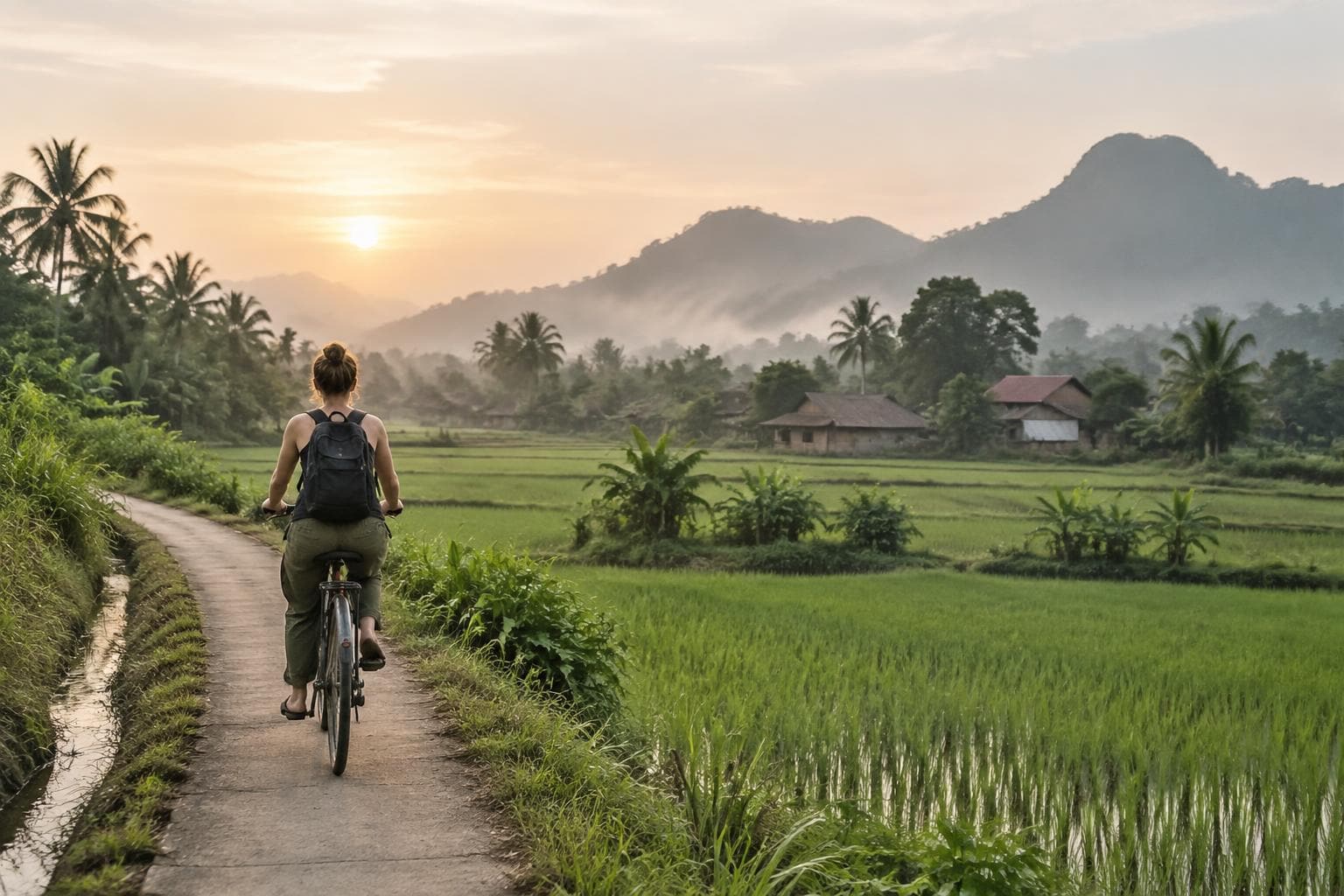 Traveller cycling beside rural rice fields in Southeast Asia