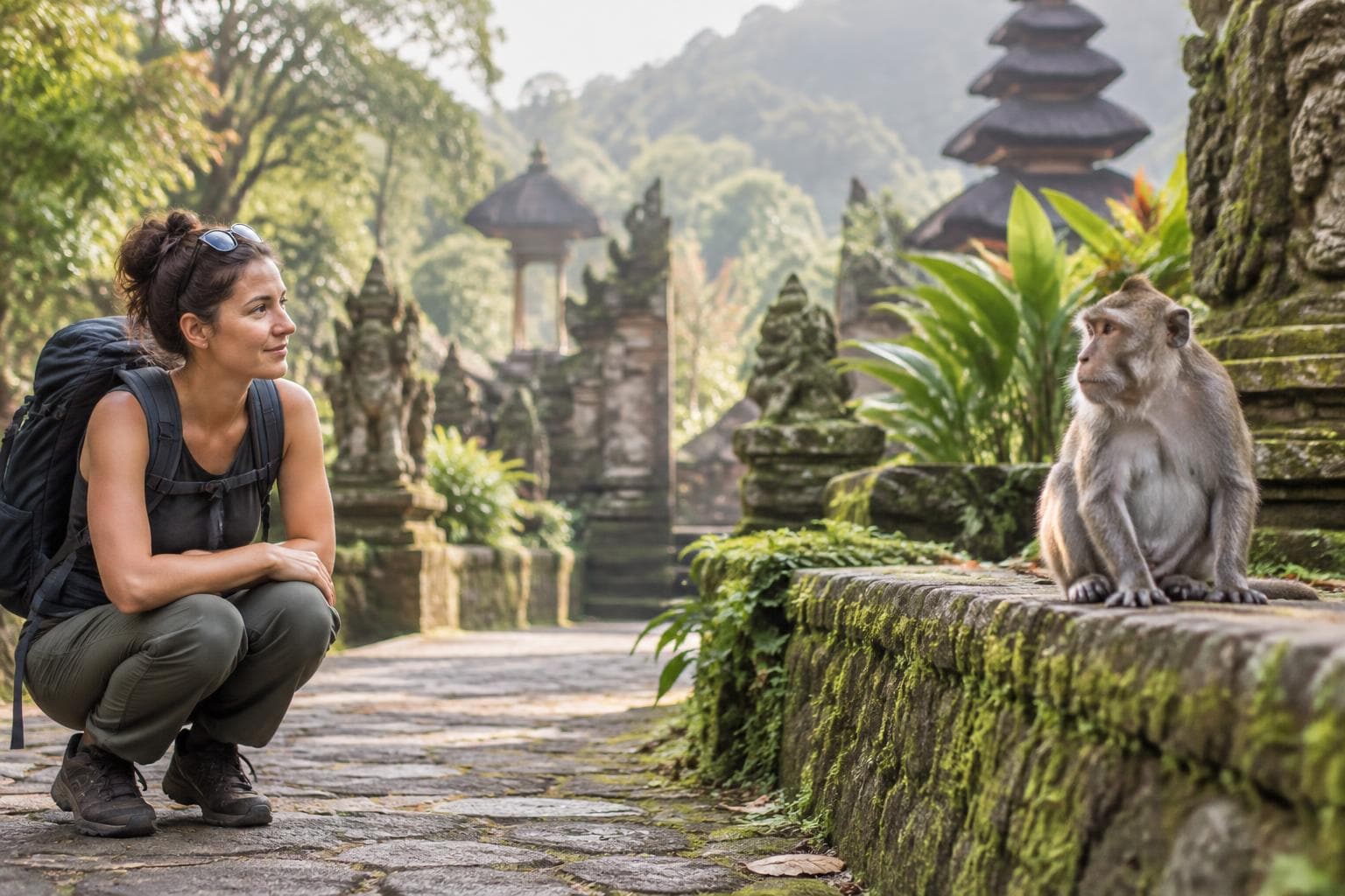 Traveller keeping a safe distance from a monkey near a Southeast Asian temple