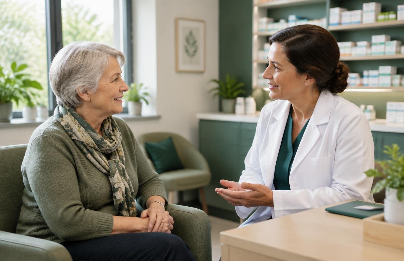 Older adult discussing shingles vaccination in a pharmacy consultation room