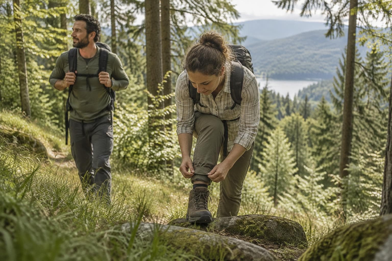 Hikers checking their clothing while walking through a Central European forest