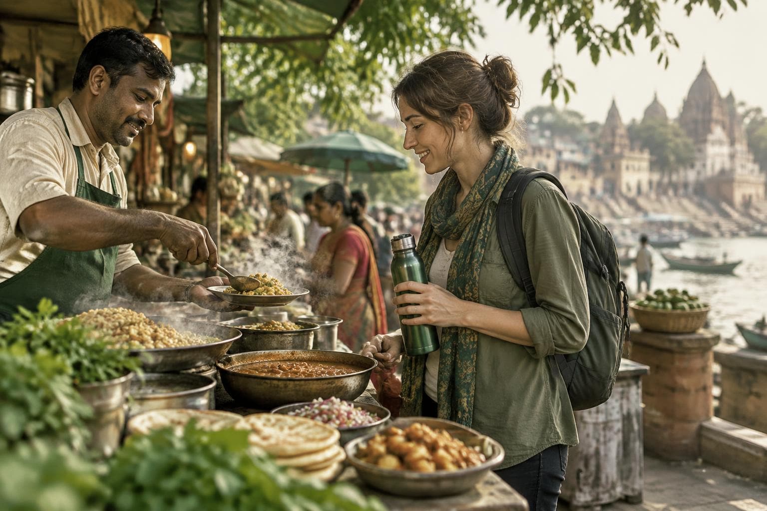 Traveller selecting freshly cooked street food while carrying safe drinking water