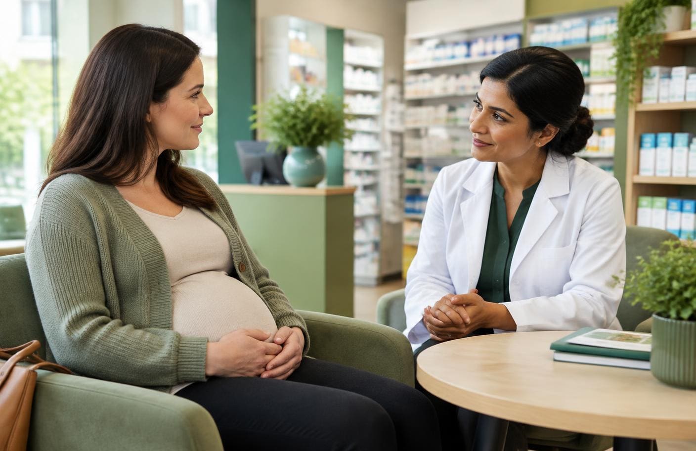 Expectant mother discussing whooping cough vaccination with a pharmacist