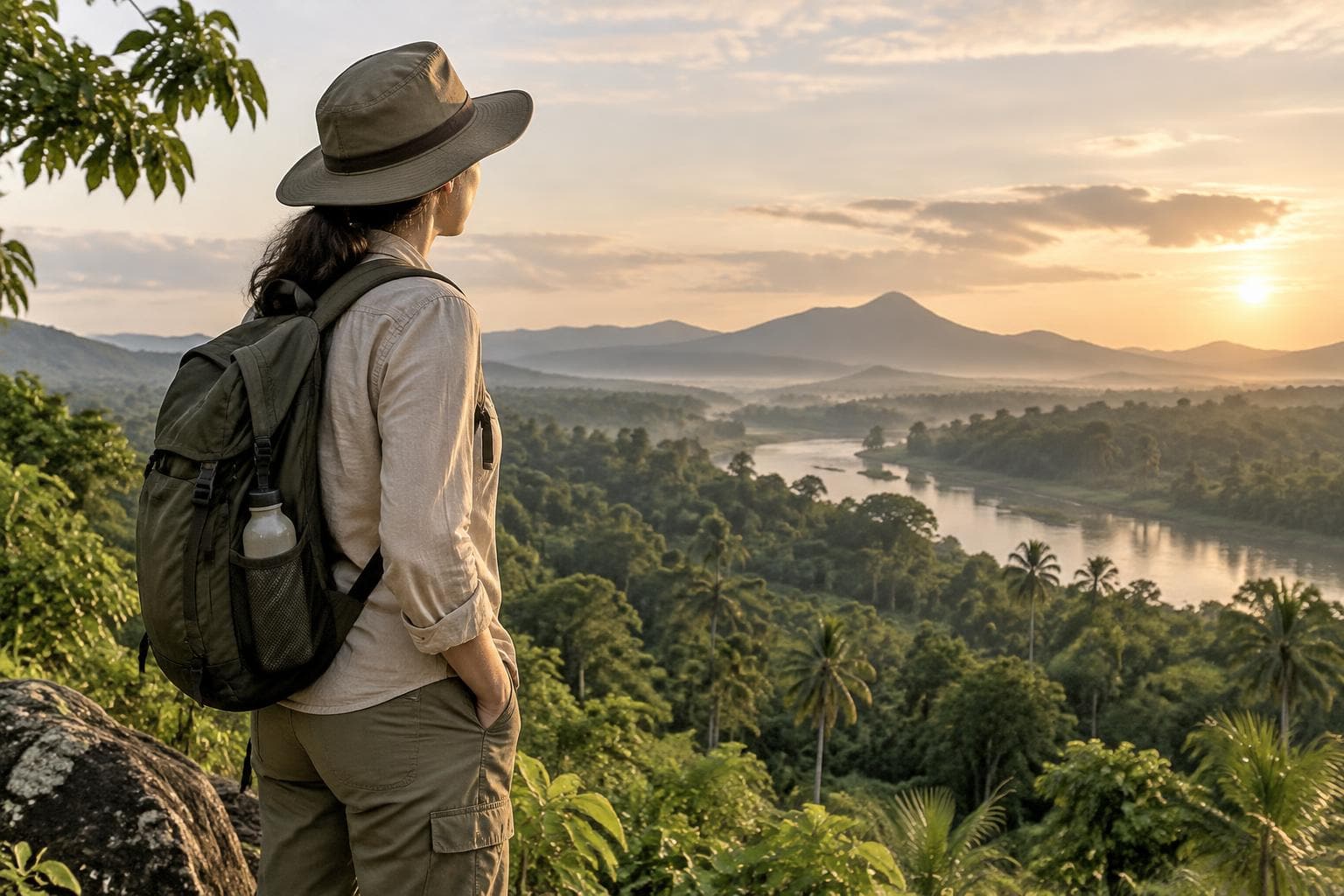 Traveller overlooking a tropical landscape in a yellow fever risk region